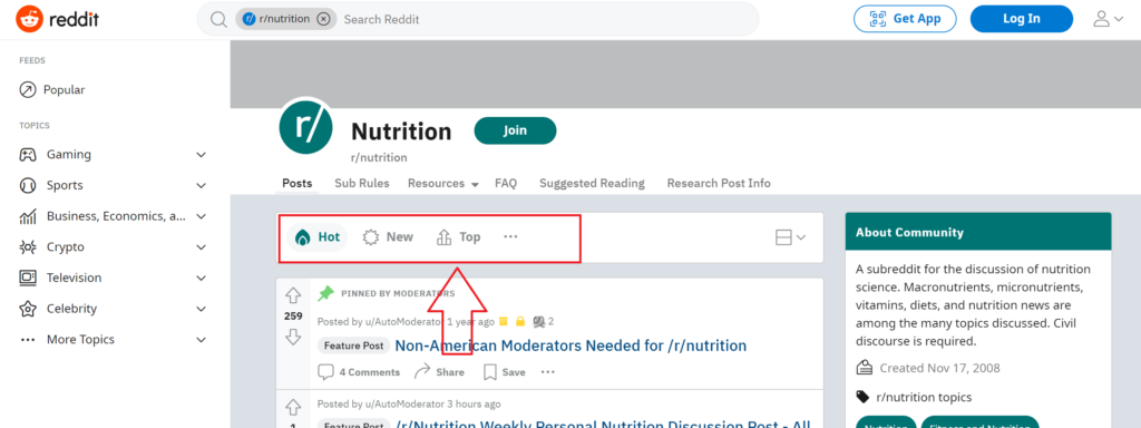 Reddit posts sorting.